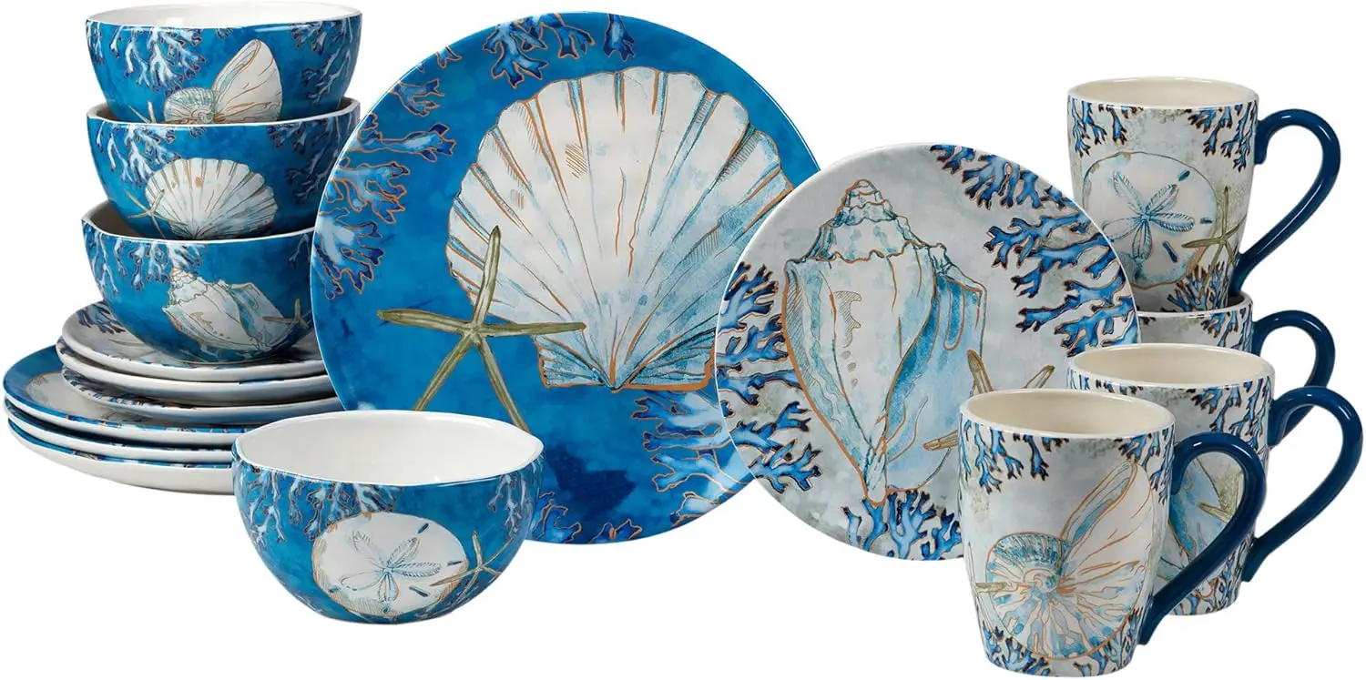 

Playa Shells 16-Piece Coastal Dinnerware Set Service for 4 – Ceramic Plates, Bowls & Mugs with Beach Shell Art – Great for Every