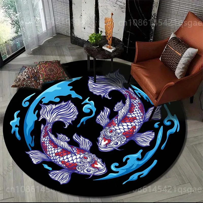 Multiple sizes Koi design surrounded by waves Print Round Carpet for Living Room Bedroom Sofa Floor Mat Area Rug Luxury Gift