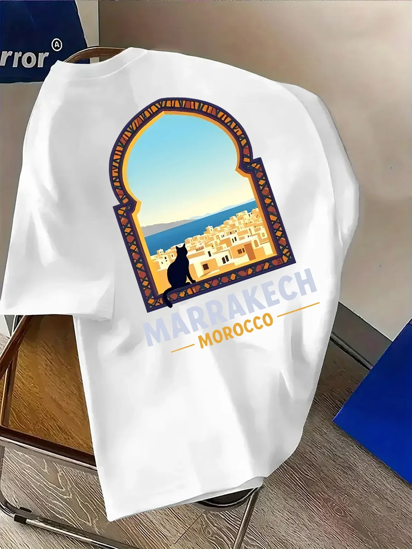 Boho Moroccan Arch Marrakech Town Black Cat Print Men's 100% Cotton T-shirt Casual O-neck Short Sleeve Streetwear Tops
