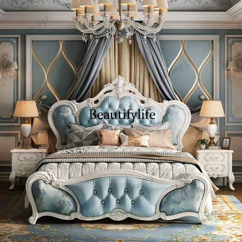 Z138 Blue Designs European Double Bed Decoration Cheap Storage Modern European Double Bed Luxury Wooden Cama