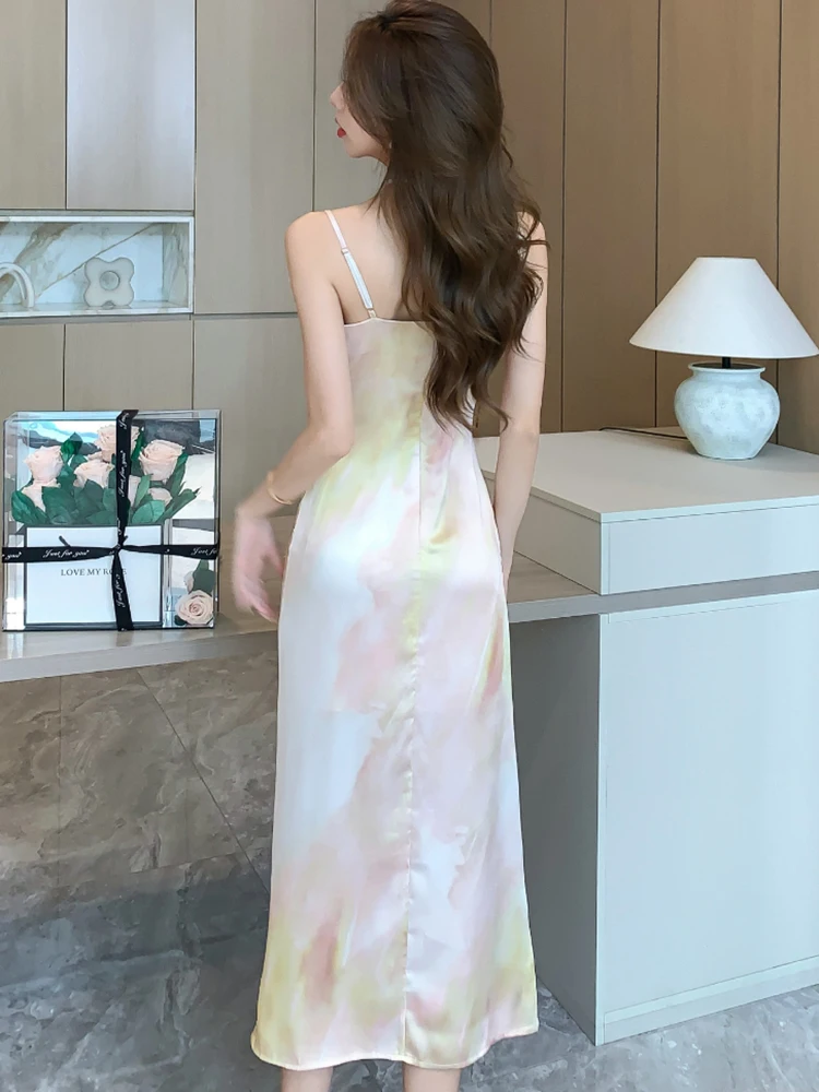 Summer Korean Fashion Elegant Chic Luxury Dress Suits 2024 Women Gradient Satin Sling Long Dress+Pink Cardigan Two Piece Suits