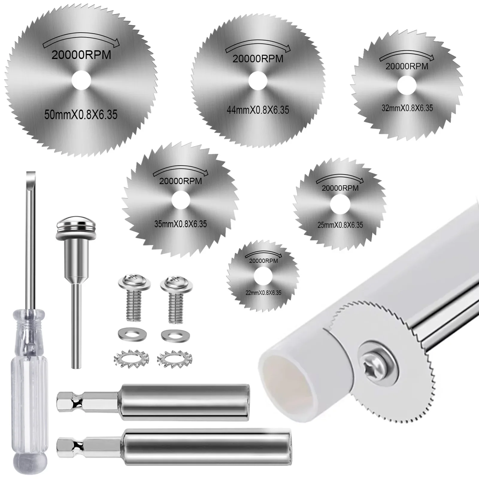 

Комплект отрезных дисков с вращающимся инструментом: 6-компонентные стальные пилы с 2 насадками с шестигранным хвостовиком (короткие и длинные) для труб из ПВХ и дерева