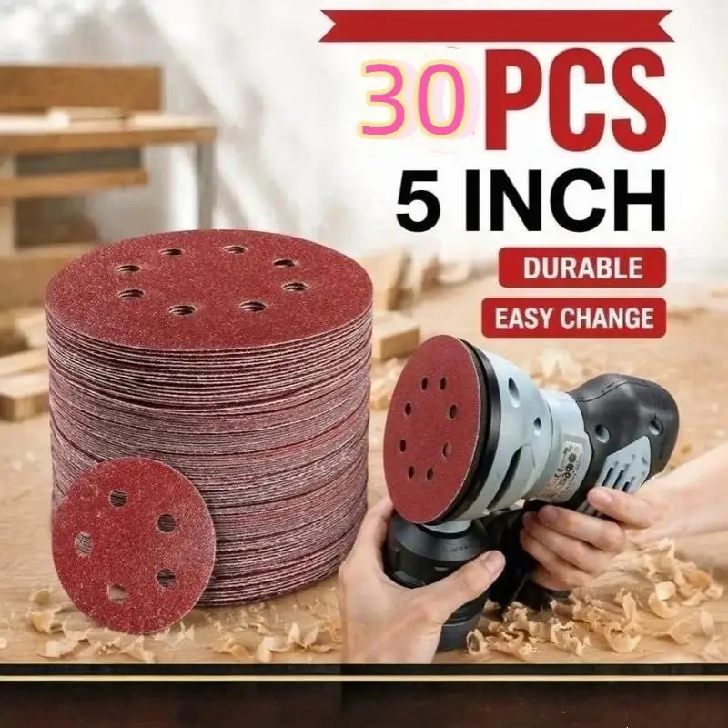 30PCS Universal 8 Hole Sanding Discs 125mm Sandpaper For Metal Wood Glass Sander Polishing Pads Home Abrasive 60~240 Grit