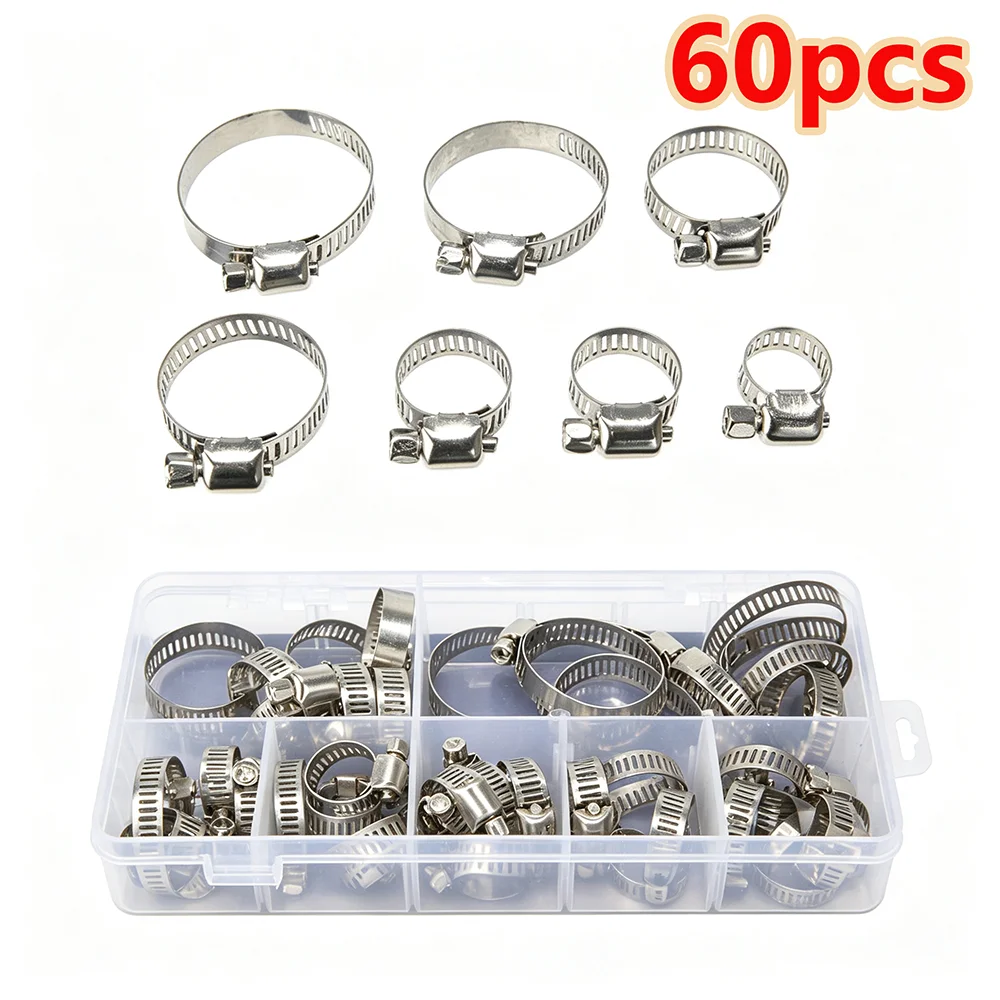 60Pcs 8-38mm Stainless Steel American Hose Clamp Adjustable Water Pipe Air Tube Fixed Fastening Ring Clamp