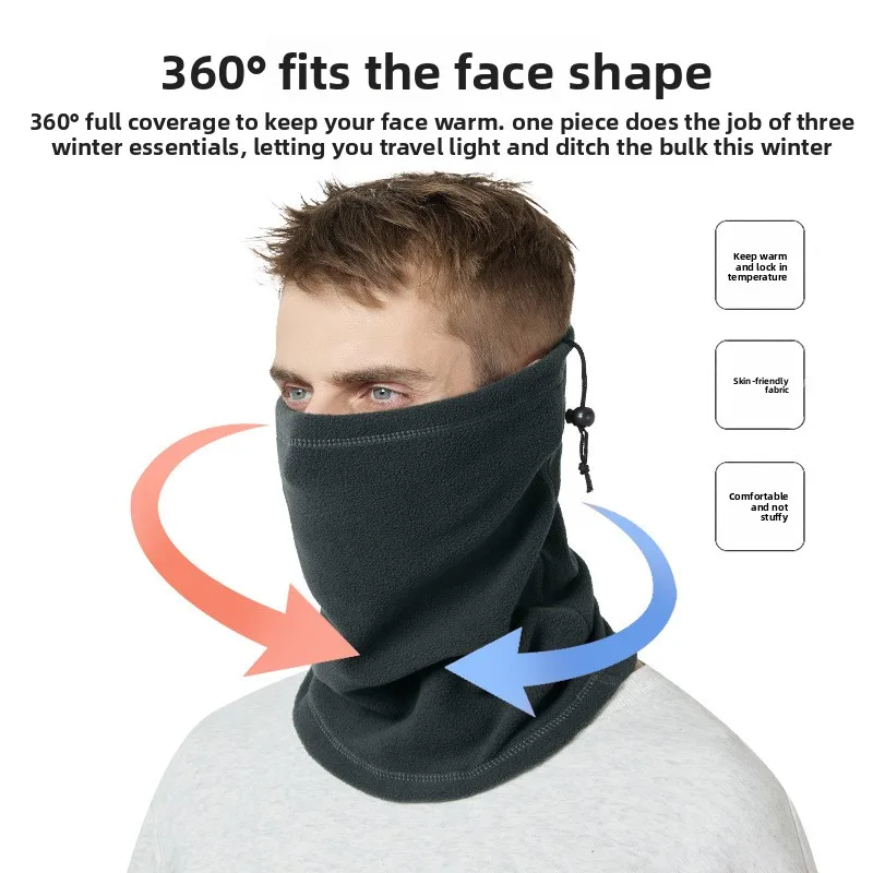 Outdoor Winter Warm Fleece Ski Mask Windproof Riding Cap with Drawstring Thickened Neck Scarf Cover for Cold Weather Men Women
