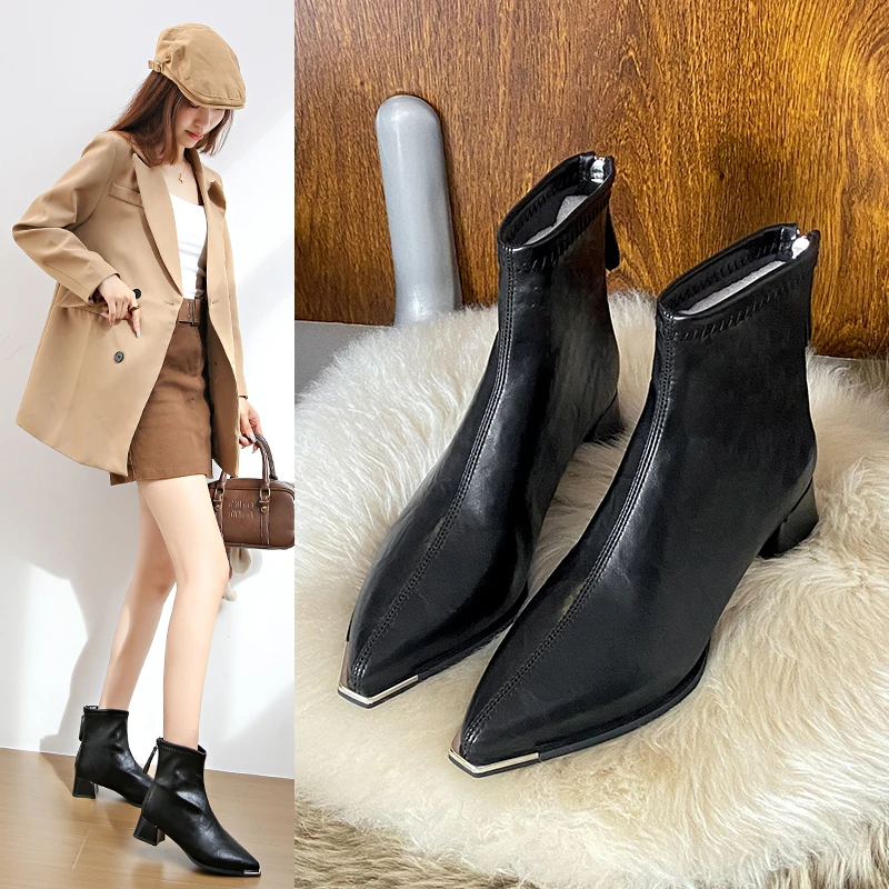 

2025 Pointed Toe Short Boots Women's Autumn Winter High Heel Thick Heel Slim Design Retro Style Insole Boot Tube Rubbe