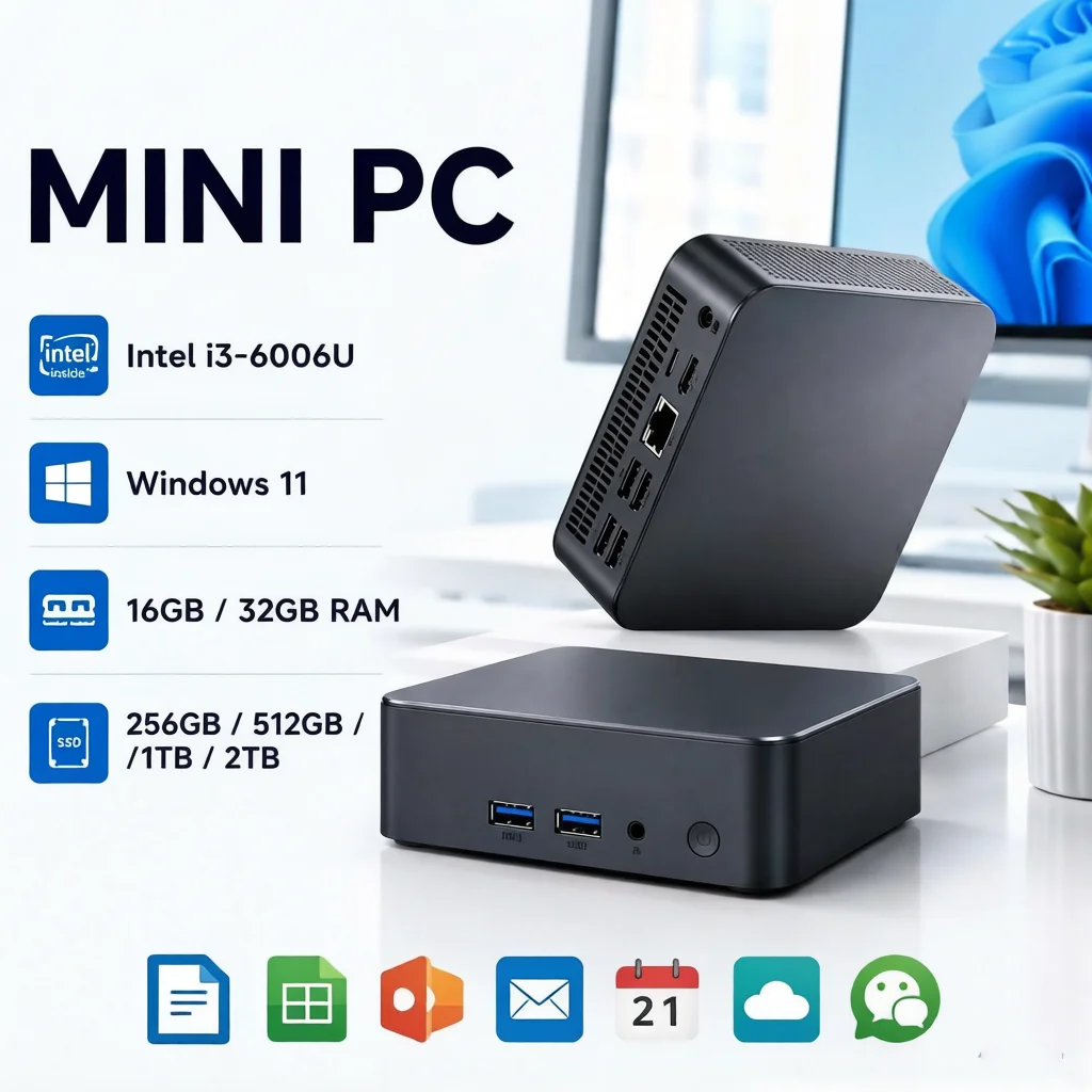 Mini PC Windows 11 Intel Core i3-6006U 16 Go/32 Go de RAM + 256 Go/512 Go/1 To/2 To de ROM SSD Wi-Fi 6 Bluetooth 5.2 Mini PC de jeu, bureau et études