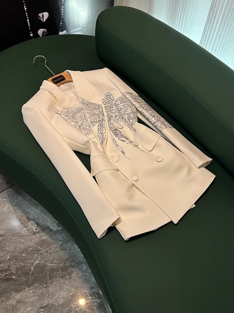 

Ele European Sle Women's Long Sve Suit Jaet Heavy Rhinestone Embellied Profional Commute Faion Loose Fit