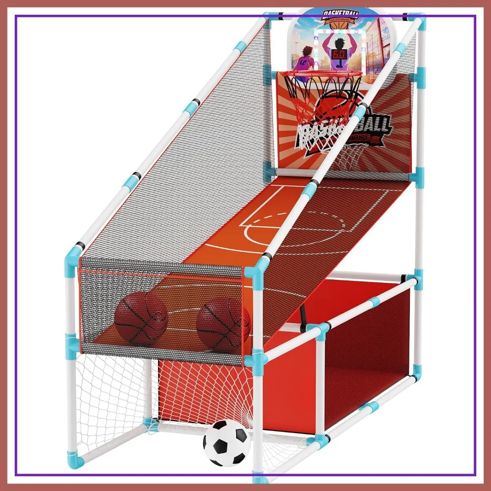

2-in-1 Arcade Basketball Hoop & Soccer Goal with LED Scoreboard, Adjustable Height, Indoor Outdoor Sports Toy Gift for Ages 3-12