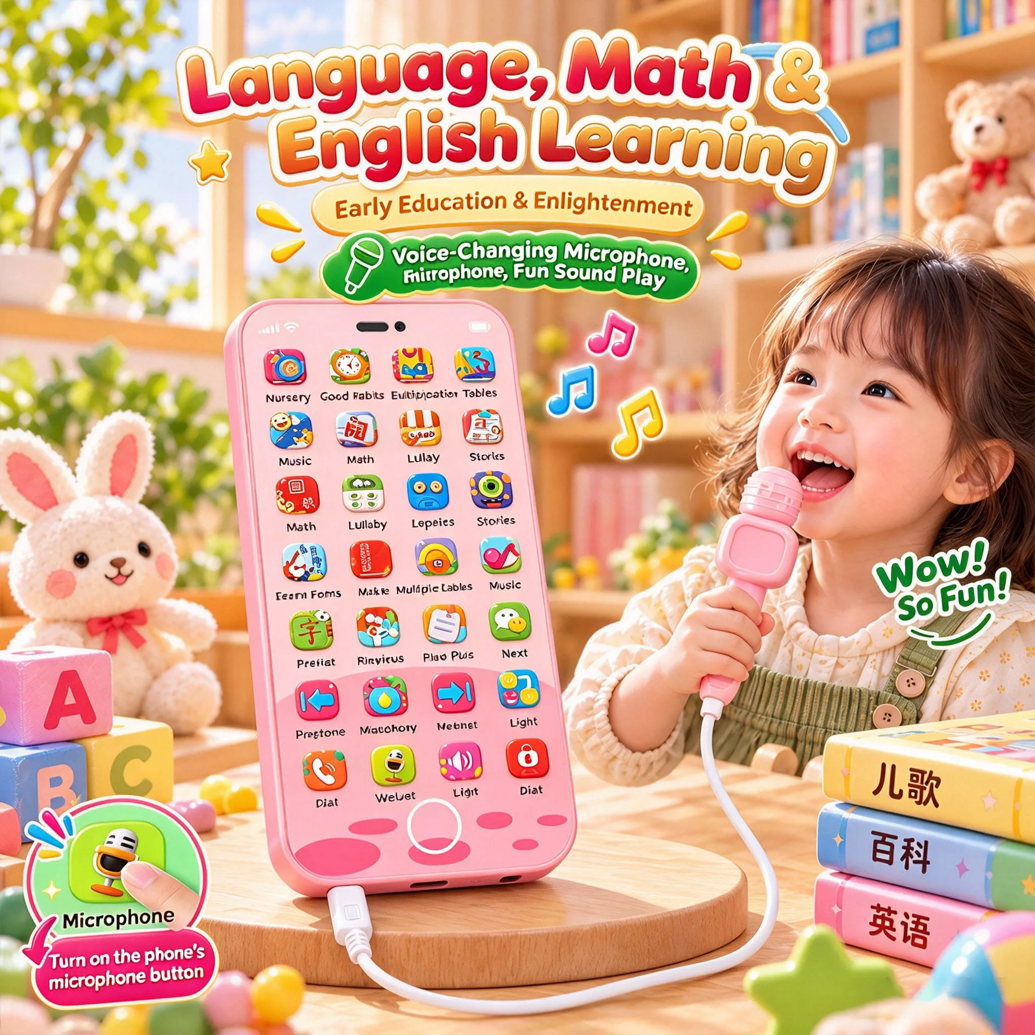 28-Key Kids Mobile Phone Educational Toy Multifunctional Early Learning Machine With Music, Voice Changer / Microphone For Gift