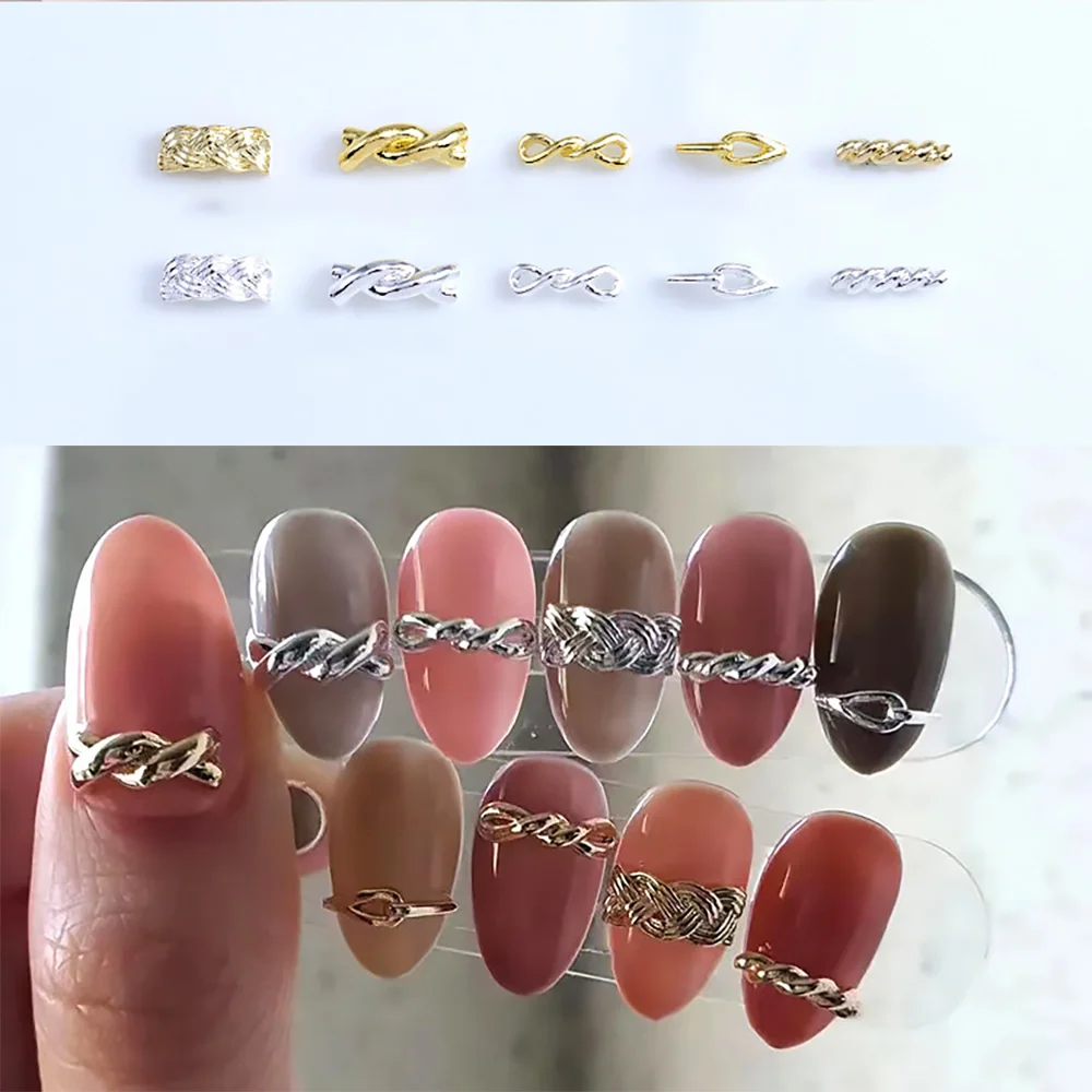 20Pcs Japanese 3D Twist Alloy Nail Art Charms Golden Silver Glitter Alloy Stud Accessories Rope Belt Knots Nail Parts Decoration