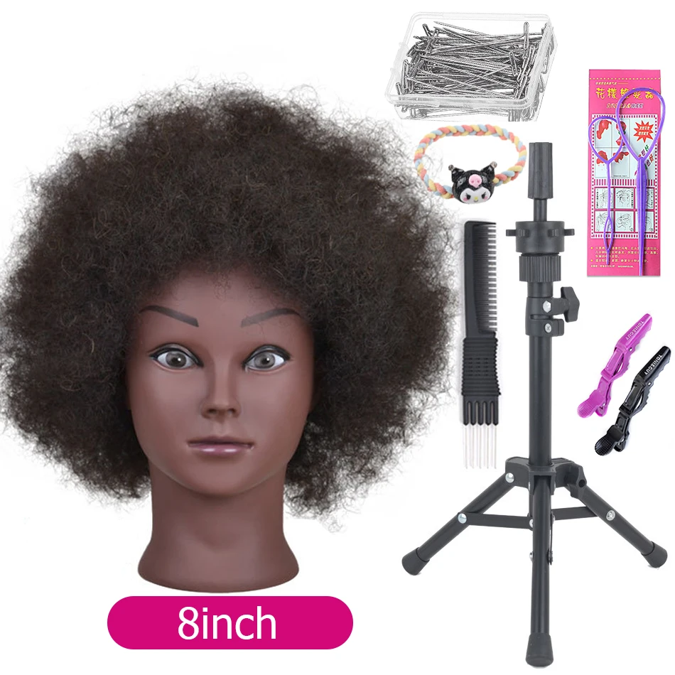 Afro Mannequin Heads With 100%Real Hair With Adjustable Tripod Hairdressing Dolls Training Head For Practice Styling Braiding