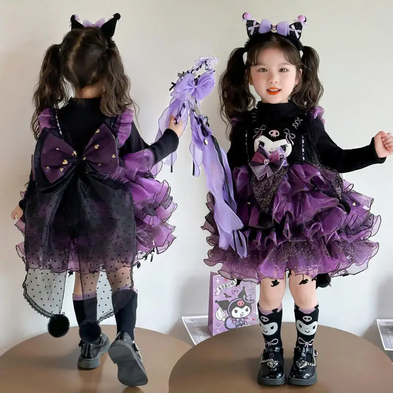 sanrio-–-robe-de-princesse-pour-filles-kuromi-kawaii-pull-a-la-mode-pour-etudiantes-jupe-bouffante-ensemble-2-pieces-vetements-pour-enfants-nouveau-style
