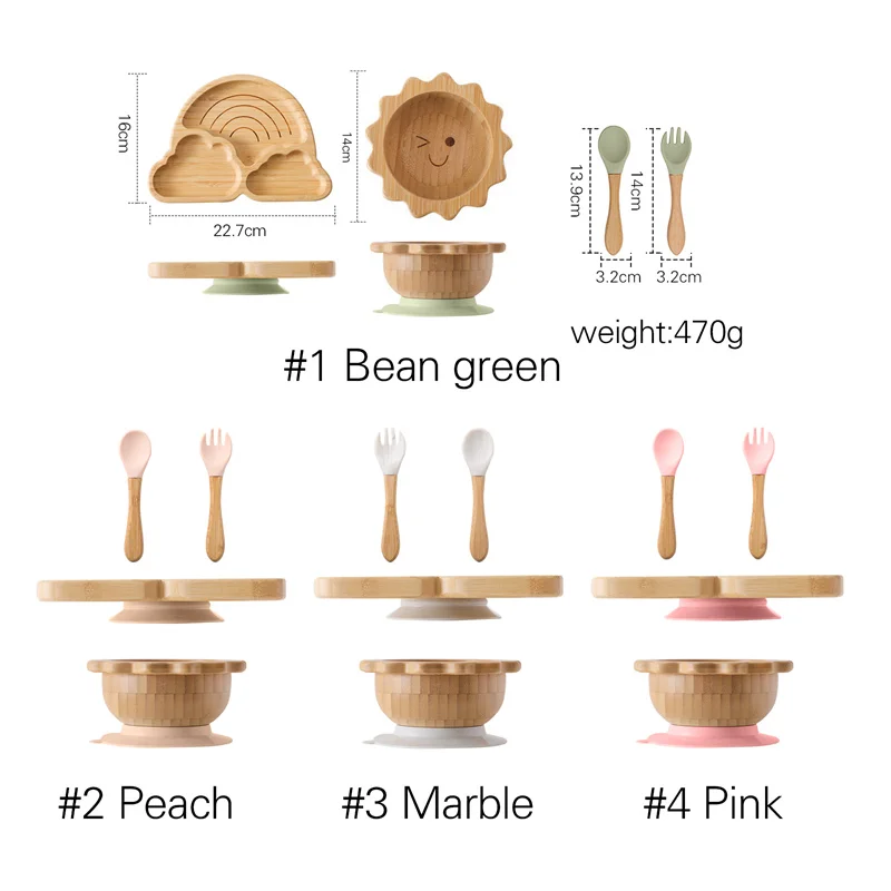 Baby Wooden Clouds Tableware Feeding Set Wooden Handle Spoon Fork Sun Shape Suction Bowl Dinnerware For Children's Gift Set