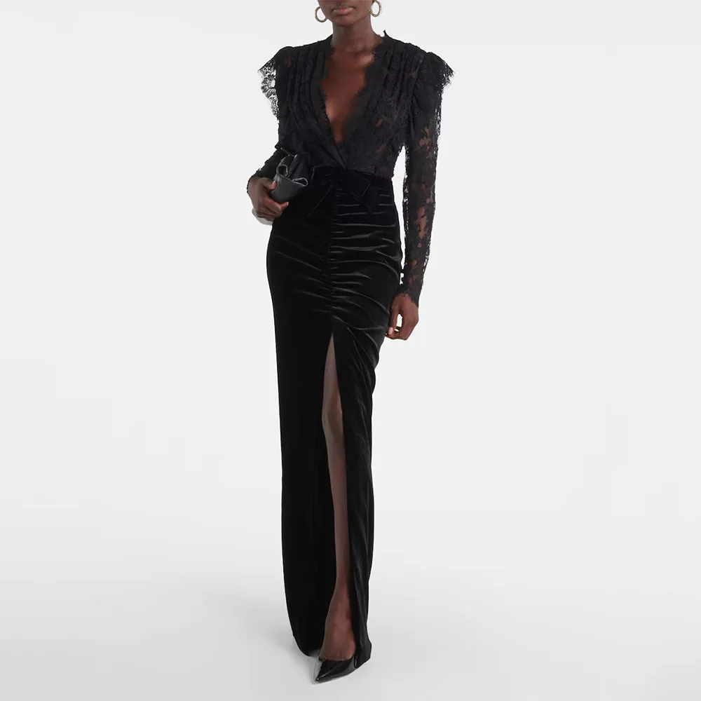 

Modern Black Women's Evening Gown Mermaid Floor Length Formal Party Dress Long Sleeves Saudi Dress V Neck Slit Prom Dress