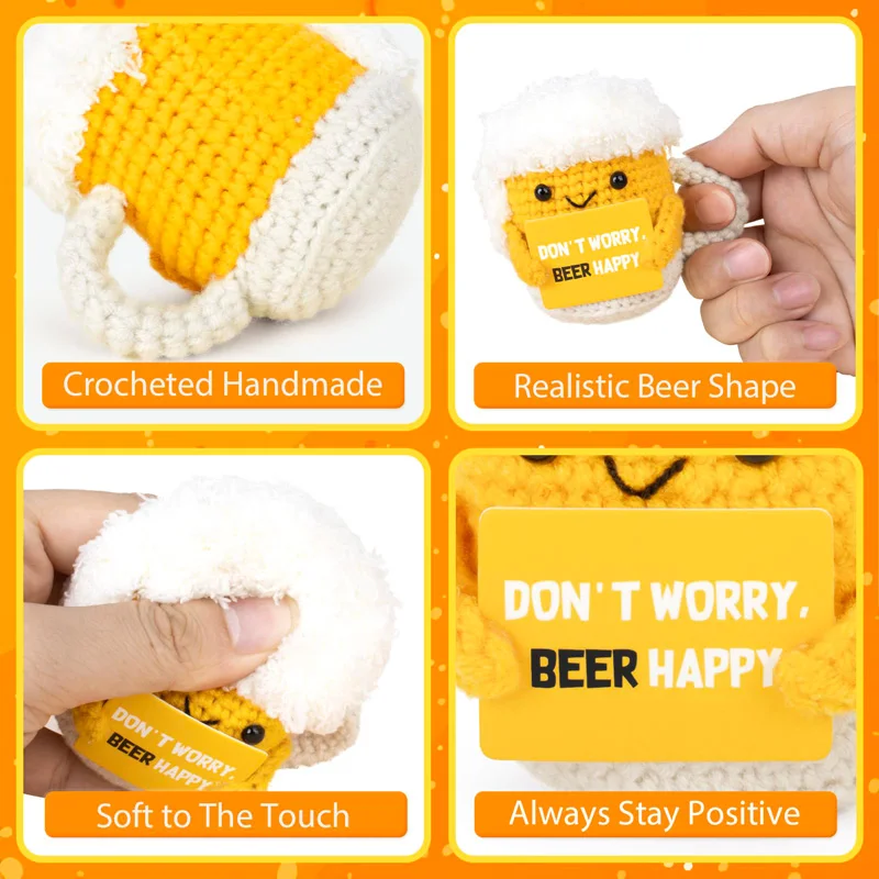 مضحك الكروشيه البيرة الحلي اليدوية الدعم العاطفي مع بطاقة سطح المكتب زخرفة اليدوية محبوك البيرة مهرجان هدية ديكور المنزل