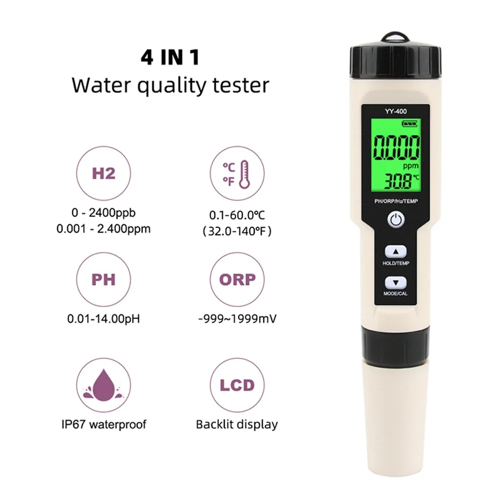 New YY-400 Hydrogen Ion Concentration Water Quality Test Pen PH/ORP/H2 and TEM 4 in 1 Digital Drinking Water Meter