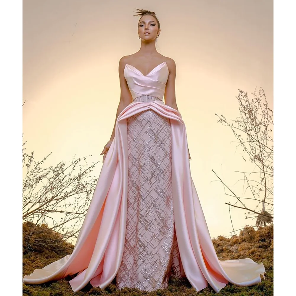 Strapless Sleeveless  A-Line Slit Evening Dress New Fashion Female Floor Length Party Prom Gowns