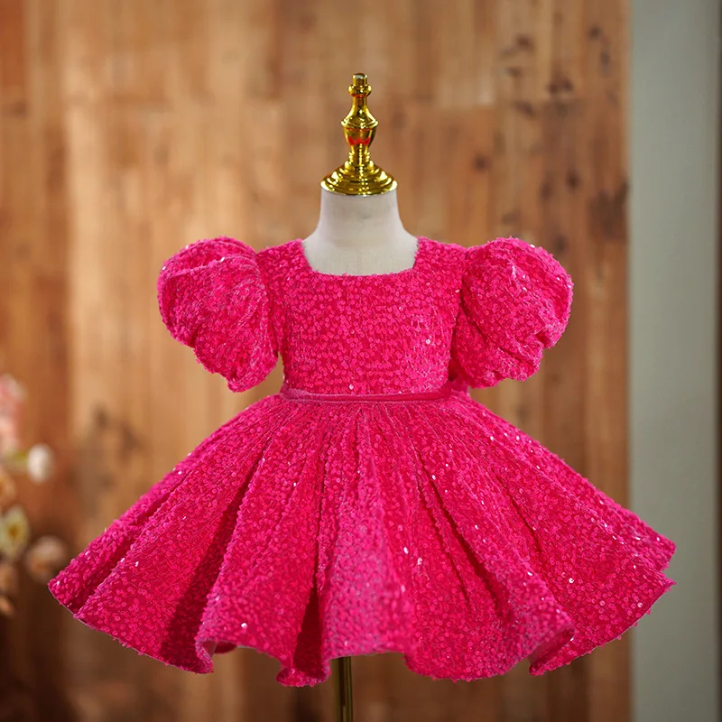 2026 Girls' Evening Dress Summer Bubble Sleeve Birthday Party Sequin Girls' Princess Dress Halloween Banquet Dress