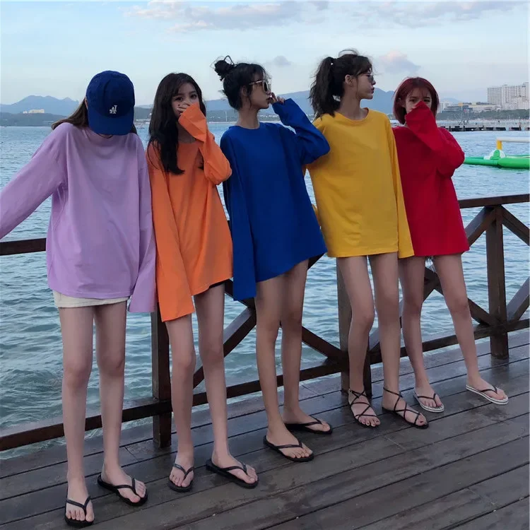 Candy Colored Loose Fit T-shirt Women's Korean Style Base Layer Top Medium Length Solid Color Long Sleeve Top For Sisters