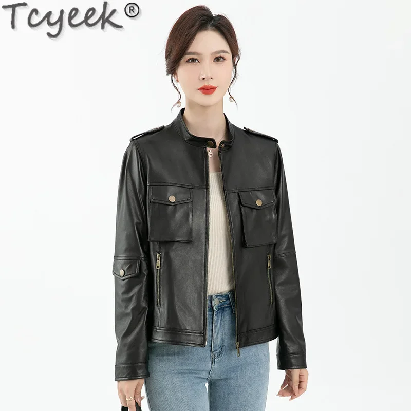 Tcyeek Veste en cuir véritable pour femme, manteau en peau de mouton, vêtements de printemps et d'automne, mode féminine