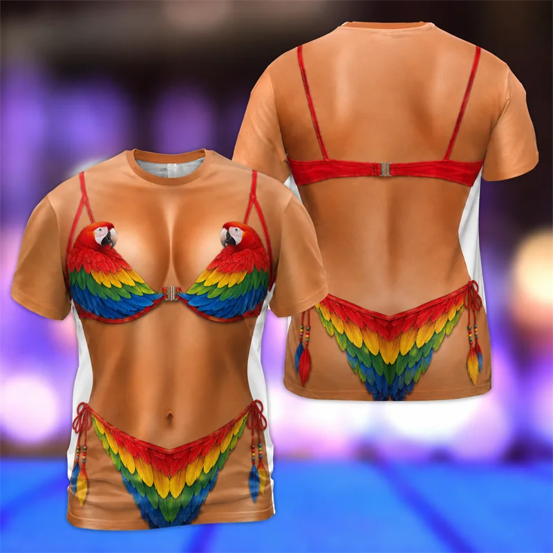 Funny Animal 3D Printed Bikini T-shirt Men Tropical Feather Graphic Casual Short Sleeve T Shirt Halloween Novelty Gift Clothing
