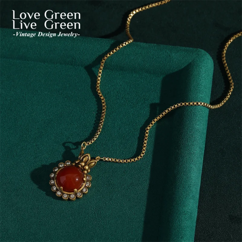 

Vintage Pendants And Necklaces Rhinestone Red Natural Stone Round Antique Gold Color Jewelry Accessories For Women Luxury 2025