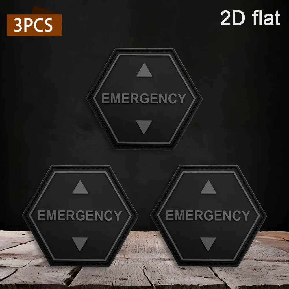 Available in various quantities: 1pc/2pcs/3pcs/4pcs. Hexagonal EMERGENCY emergency logo PVC rubber patch comes with a matching matte surface, luminous black background, four colors: red, white, silver, and brown, with double triangle pattern, fully wrapped with edge stitching, tactical rescue style, suitable for outdoor first aid backpacks, tactical vests, duty helmets, decorative patches