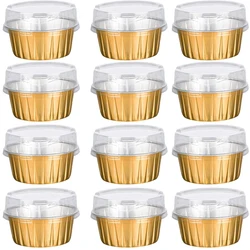 Dessert Cups with Lids, 50 Pack Gold Aluminum Foil Baking Cups Holders, Cupcake Bake Utility Ramekin Clear Pudding Cups