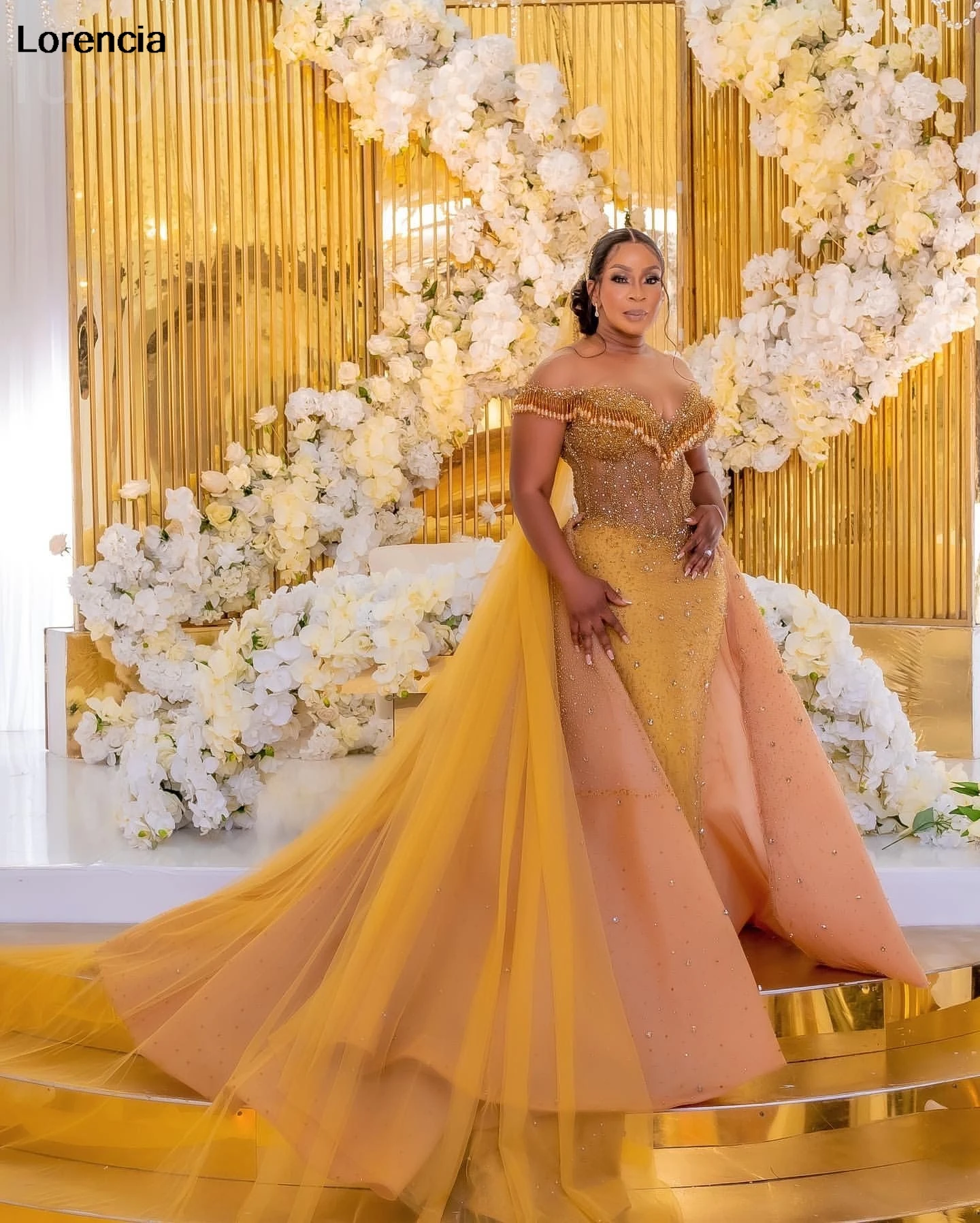 Maßgeschneidertes arabisches Aso Ebi Gold Meerjungfrau Abendkleid glänzende Perlen Kristall afrikanischer Tüll formelles Abendkleid Robe De Sorrie YPD350