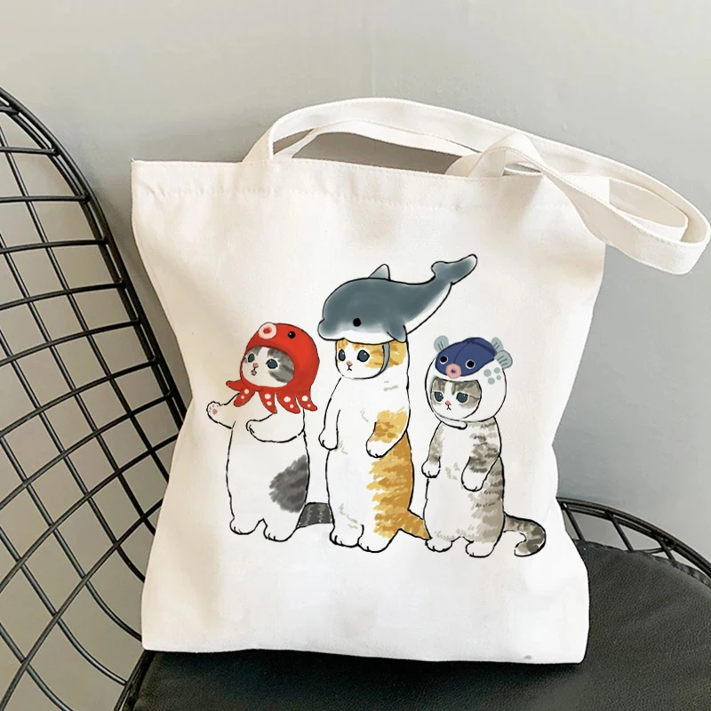 Woman Shopping Bags Kawaii Cats Cartoon Manga Tote Bag Beach Bag Shopper Bags Handbags High Capacity Canvas Shoulder Bags