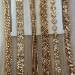 90cm Pearl Beaded Lace Trim Ribbon Garment Decoration Applique Trimming Gold Sequin Tape DIY Sewing Fabric Material Accessories