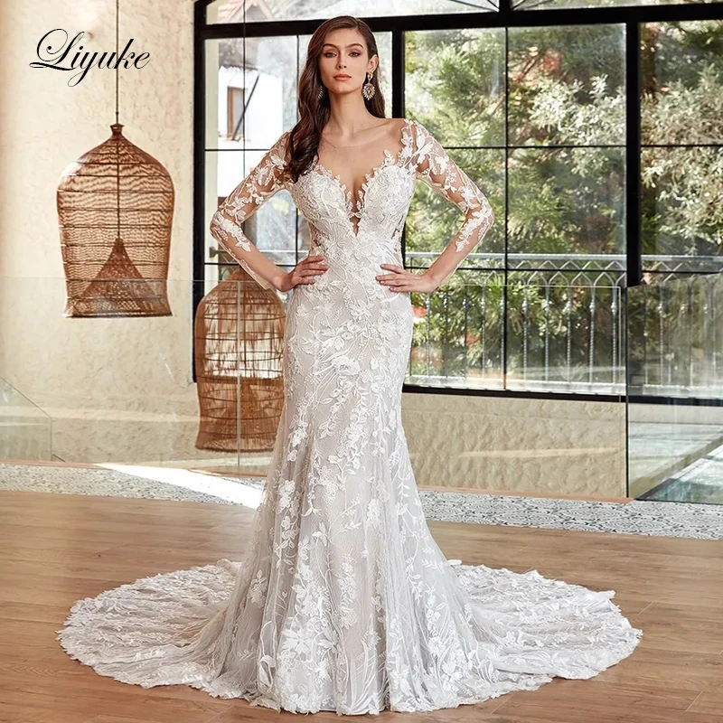 Liyuke Beauty Appliques Lace Mermaid Wedding Dress Robe De Marriage Illusion Back Full Sleeves Floral Print Trumpet Bridal Gowns