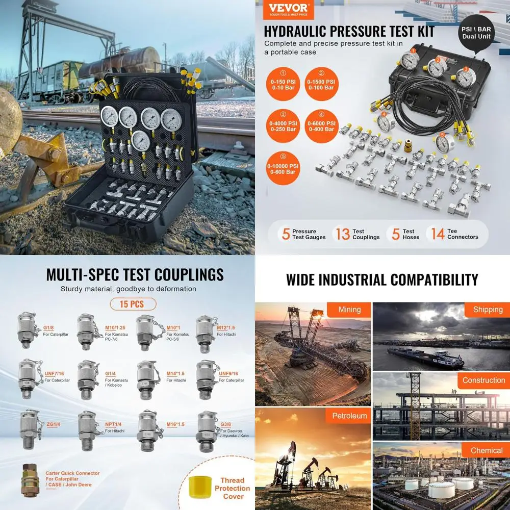 

Комплект для проверки гидравлического давления, 10-600 бар, 5 манометров, 13 соединителей, 14 тройников, 5 шлангов, с кейсом для переноски
