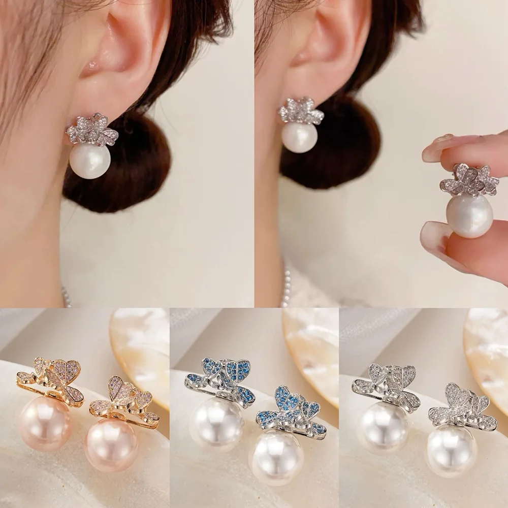 Missvikki Famous Butterfly Pearl Stud Earrings for Women Wedding CZ Fashion Engagement Party Jewelry pendientes mujer moda