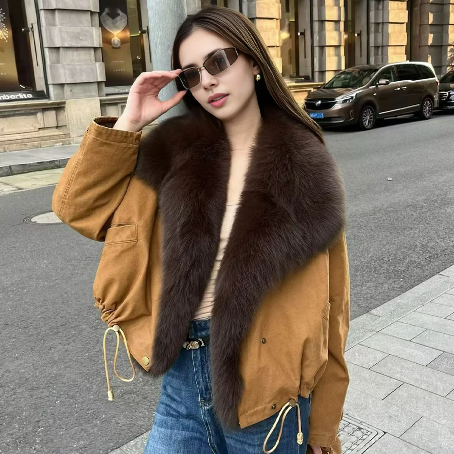 

Denim Bomber Jacket With Fox Fur Collar Cuff Real Fur Puffer Jacket Genuine Fox Fur Coat Luxury Women's Winter Jacket