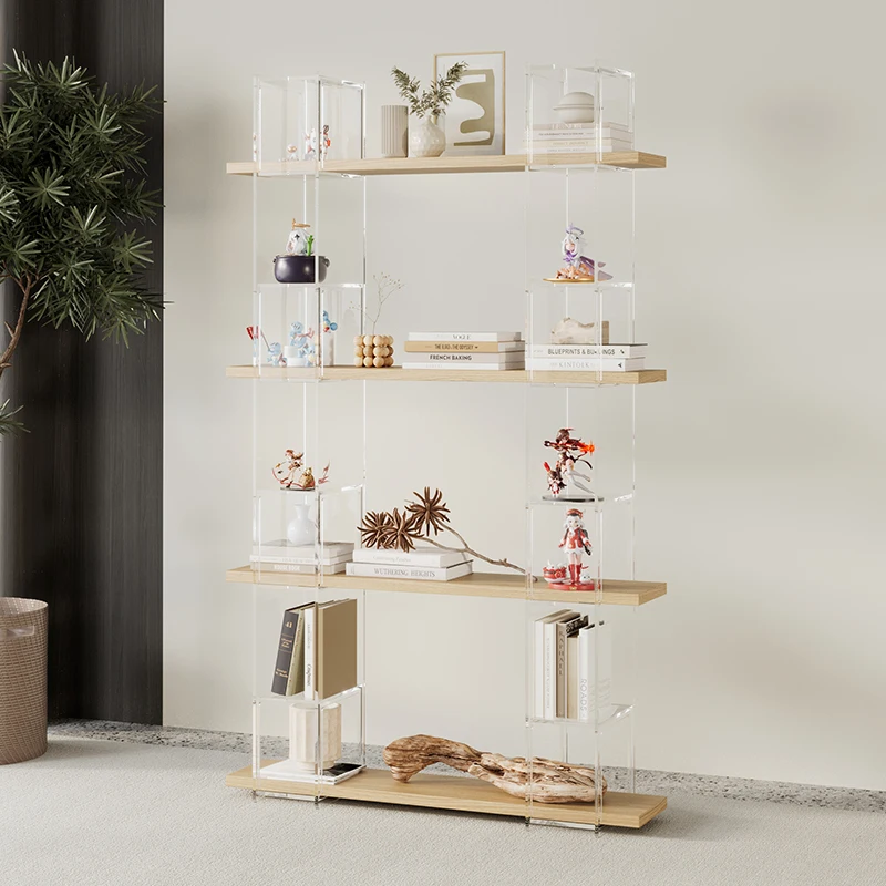 Acrylic suspended floor storage bookshelf to living room solid wood full wall multi-layer floor storage display cabinet