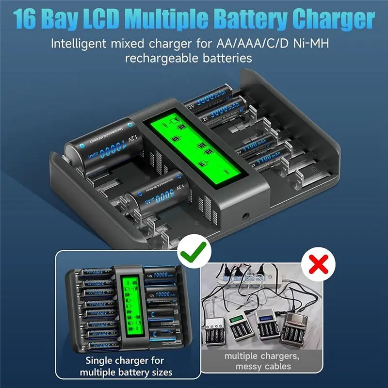 ABGI 16-Bay Rechargeable Battery for AA for AAA C D NiMH NiCD, Smart LCD Display Universal for 1.2V Batteries