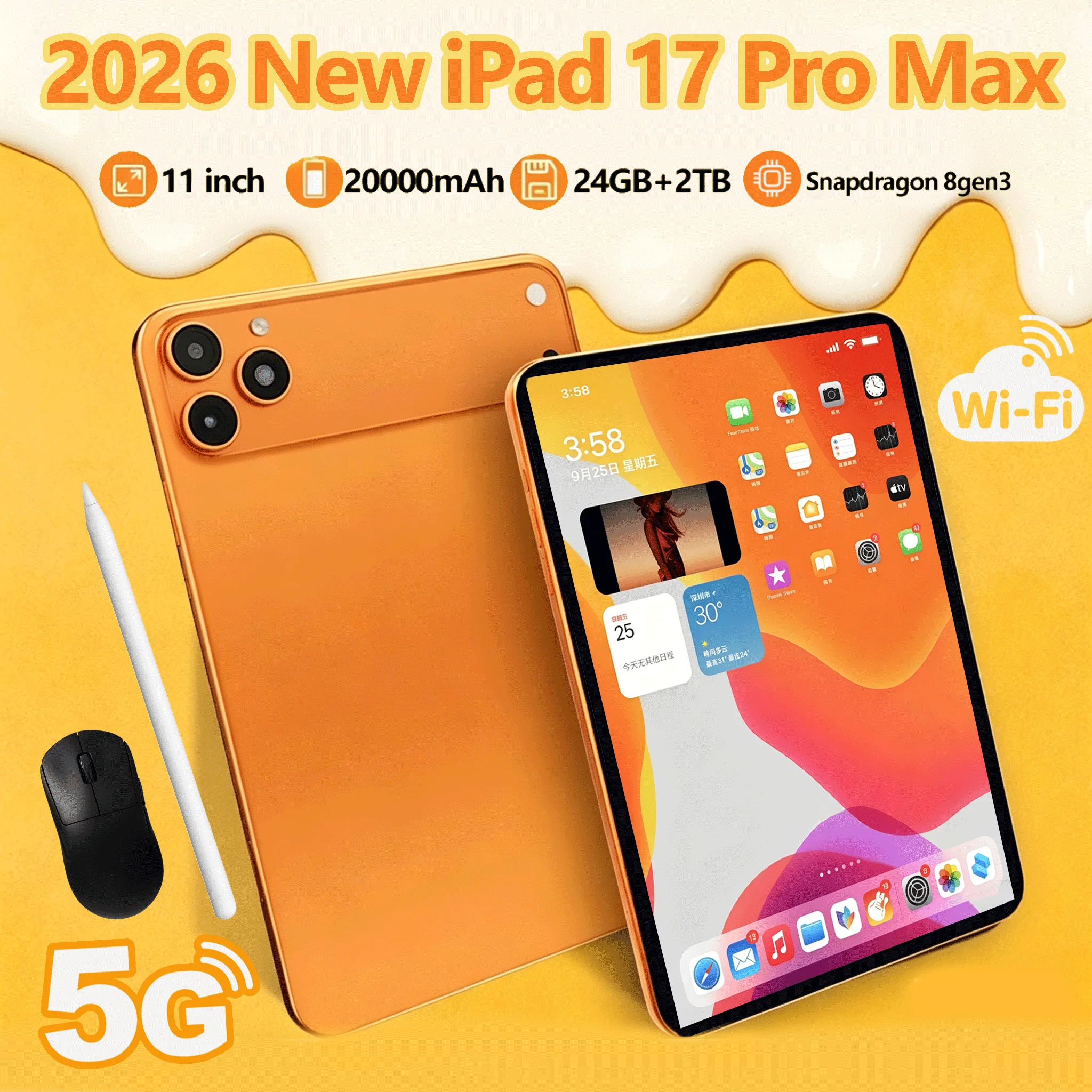 2026 IPad 17 Pro Max Tablet PC 11 Inch 24GB 2T Android16 Snapdrago 8gen3 5G Dual SIM Call WIFI 20000mAh 4K HD Screen Tablet
