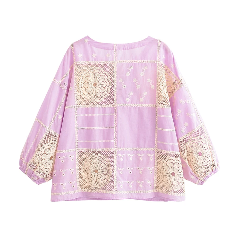 KEYANKETIAN خريف جديد المرأة الجولة الرقبة الرباط تعادل فانوس الأكمام جوفاء المطرزة قميص المرأة