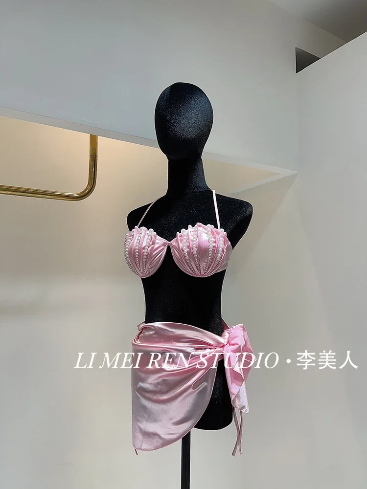 New Sexy pink satin handmade pearl bikini swimsuit women's set
