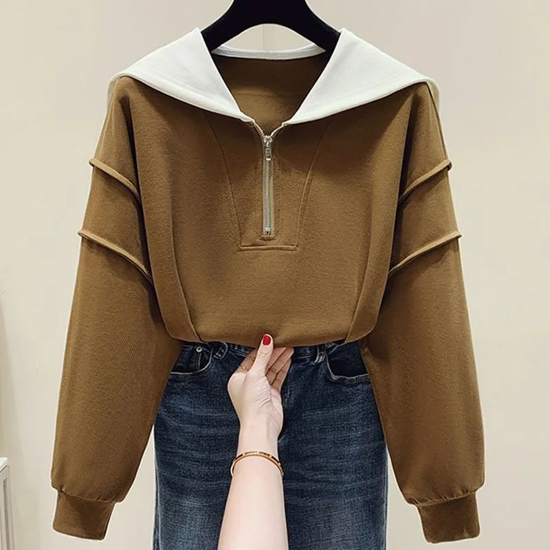 New Spring and Autumn Fashion Trend Patchwork Color Contrast Half Zipper Lapel Versatile Loose Size Casual Female Student Sweate