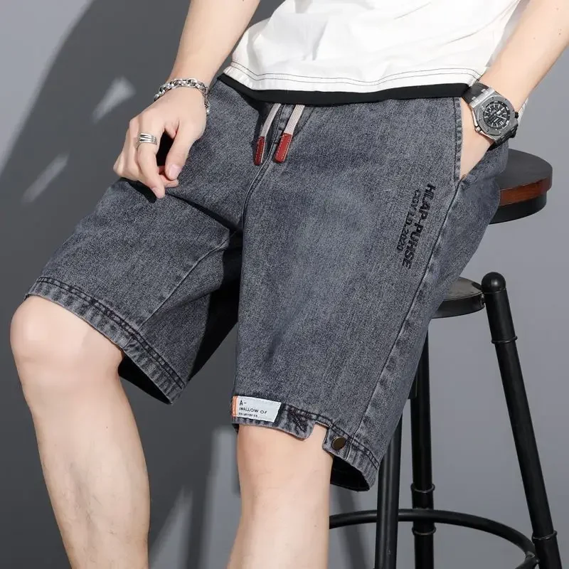 Male Denim Shorts Loose Wide Ripped Baggy Gray Men's Short Jeans Pants Trend 2024 Buttons Y2k Fashion Cut New in Streetwear Xl