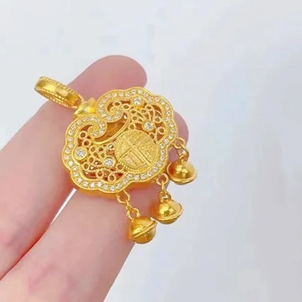 AU999 24K Gold Longevity Lock Necklace | 3D embossed lotus patterns, diamond accents, adjustable chain, delicate & protective