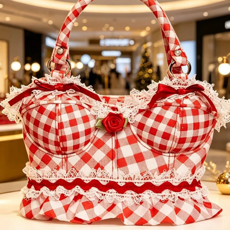 

Chic Breast Shape Plaid Roses Lace Handbag Women Fashion Creative Designer Shoulder Bags Sweet Cute Bucket Bag Luxury Purse