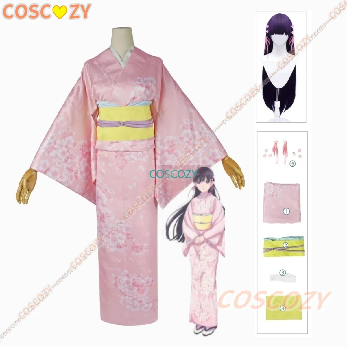 Anime meine glückliche Ehe Miyo Saimori Cosplay Kostüm Miyo Saimori Blume gedruckt rosa Kinomo Cosplay Kostüm Perücke Kopf bedeckung Set