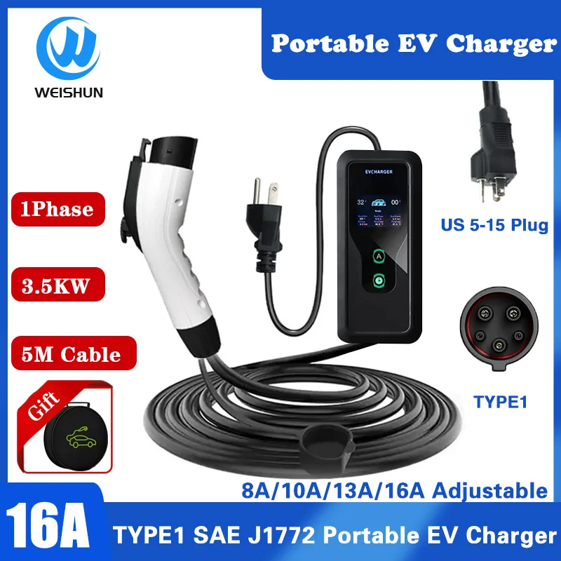 

16A Portable EV Charger Type1 SAE J1772 EVSE Charging Cable Box 3.5KW Car Charger US5-15 Plug Wallbox for Electric Vehicle