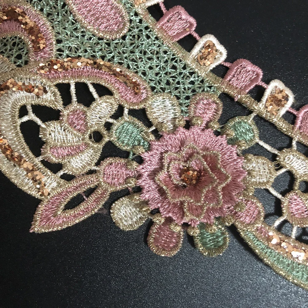 1Pc pink Green 3D Embroidered Fabric Color Flower Lace Sewing Applique Lace Collar Neckline Ancient Collar Applique Accessories