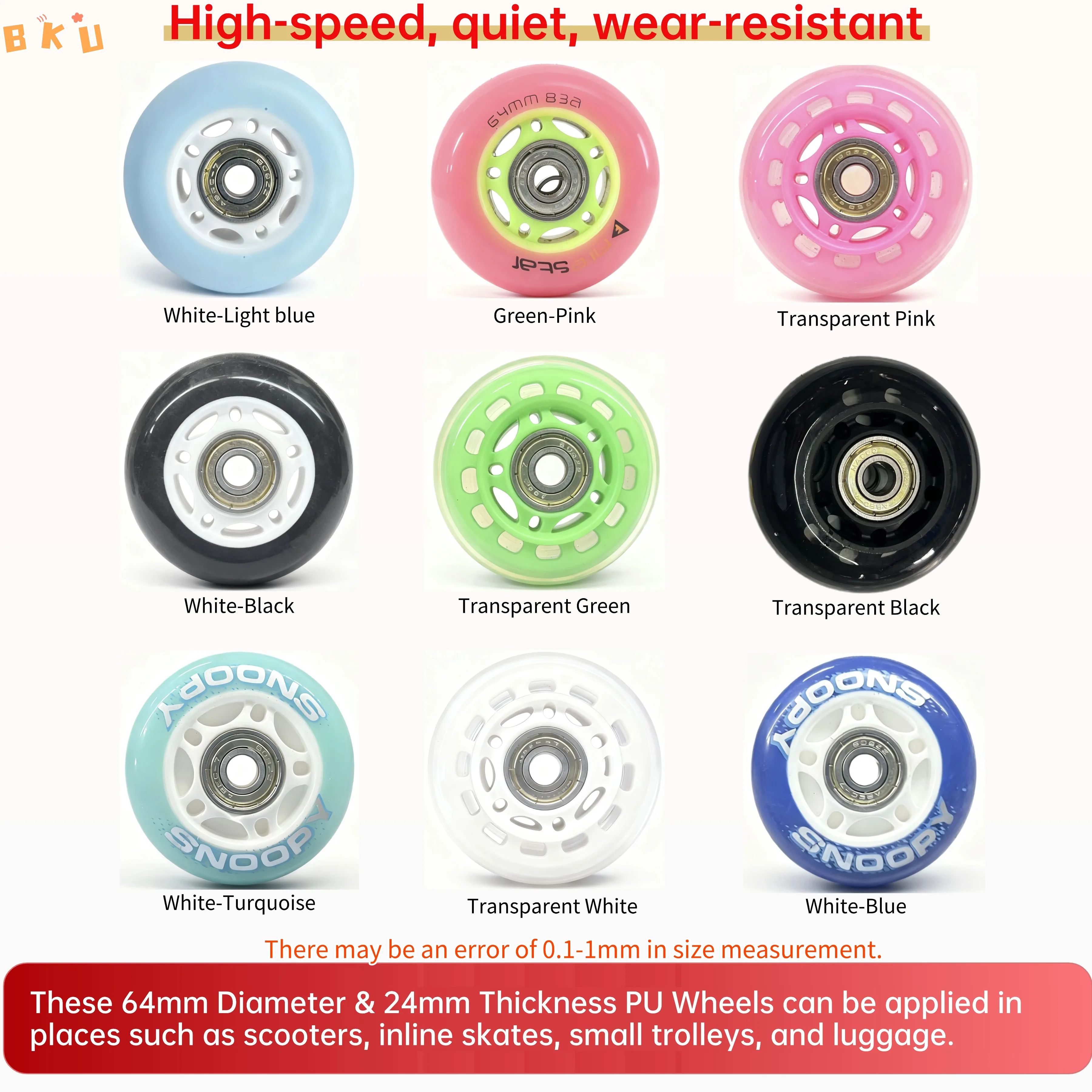 2-Pack PU Multi-Function Wheels, 64mm High-Speed Quiet Wear-Resistant, with Abec-7 Bearings for Inline Skates, Scooters, Luggage