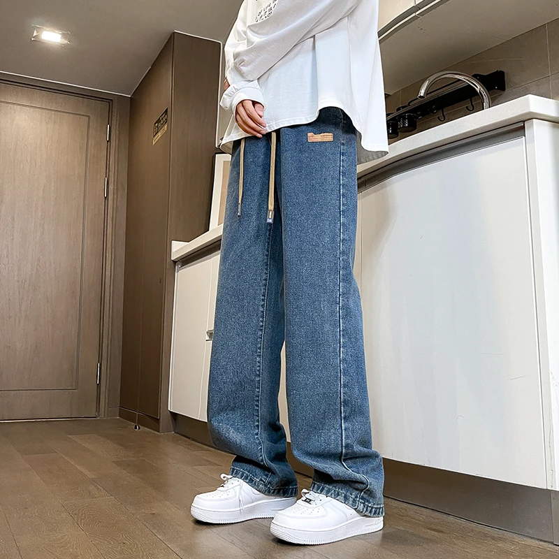 Branded Men's Baggy Jeans Classic Drawstring Loose Casual Straight Pants College Students Daily Versatile Blue Pants